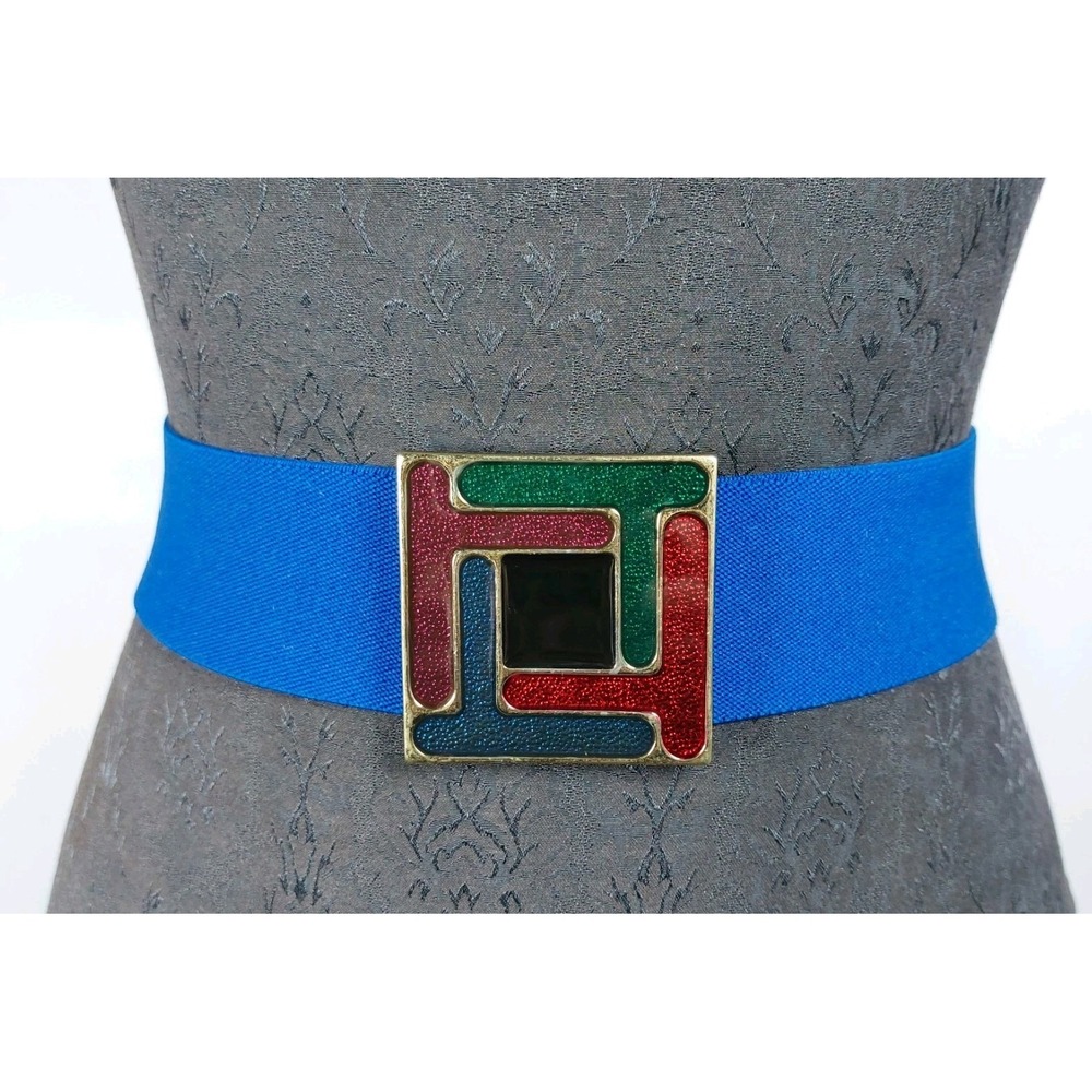 Vintage 80s Stretch Belt Royal Blue Gold Enamel Color Block Buckle 2"x25" (Flat)